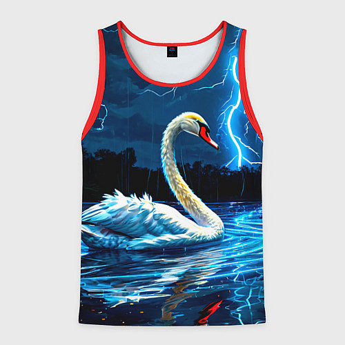 Мужская майка без рукавов Лебедь на пруду в гразу / 3D-Красный – фото 1