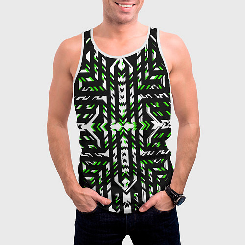 Мужская майка без рукавов Чёрно-зелёный диагональные полосы на белом фоне / 3D-Белый – фото 3