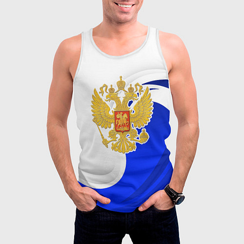 Мужская майка без рукавов Герб России - белый и синий / 3D-Белый – фото 3