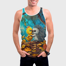 Майка-безрукавка мужская Милые ежик с цыпленком в осеннем лесу, цвет: 3D-белый — фото 2