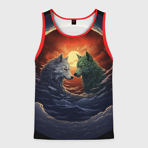 Мужская майка без рукавов Волк и волчица в море под луной / 3D-Красный – фото 1
