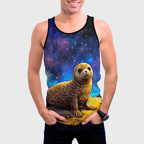 Мужская майка без рукавов Тюлень в космосе / 3D-Черный – фото 3