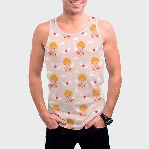 Мужская майка без рукавов Паттерн с милыми купидонами и крылатыми сердечками / 3D-Белый – фото 3