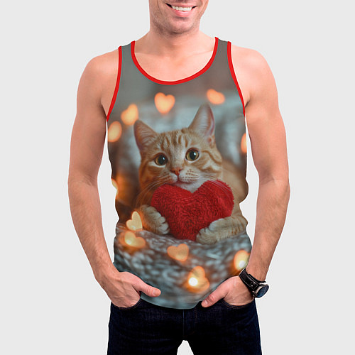 Мужская майка без рукавов Рыжий кот держит сердечко / 3D-Красный – фото 3