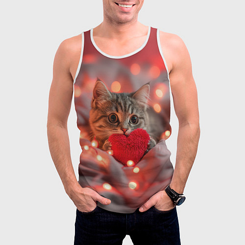 Мужская майка без рукавов Кошечка с сердечком и с гирляндой / 3D-Белый – фото 3
