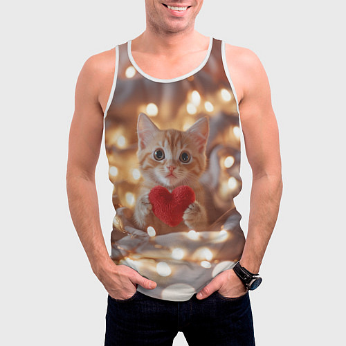 Мужская майка без рукавов Кошечка держит в лапках сердечко / 3D-Белый – фото 3