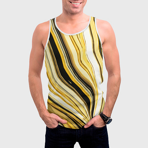 Мужская майка без рукавов Волнистые вертикальные чёрно-жёлтые полосы / 3D-Белый – фото 3