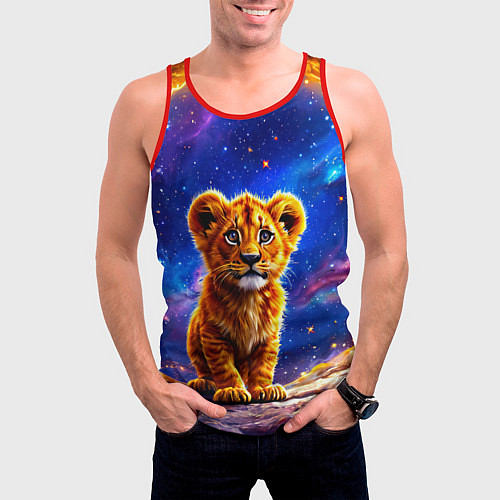 Мужская майка без рукавов Львенок в звездную ночь / 3D-Красный – фото 3