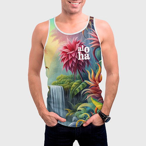 Мужская майка без рукавов Гавайские тропические цветы - алоха / 3D-Белый – фото 3