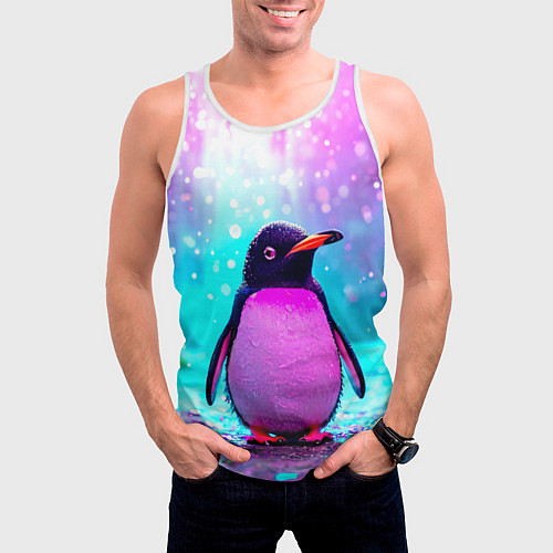 Мужская майка без рукавов Пингвин в неоновых искрах / 3D-Белый – фото 3