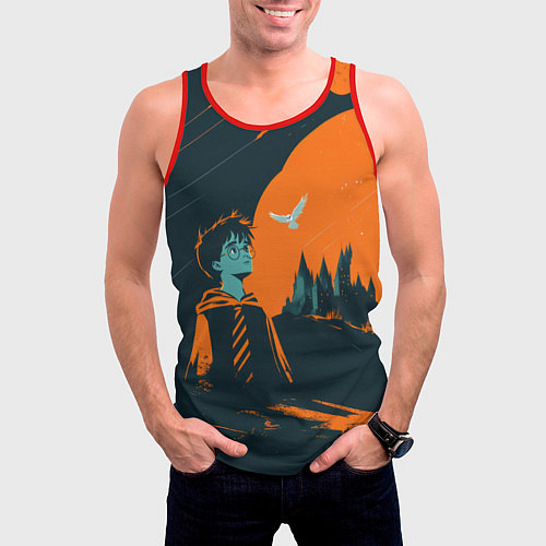 Мужская майка без рукавов Гарри Поттер черно-оранжевый фон / 3D-Красный – фото 3