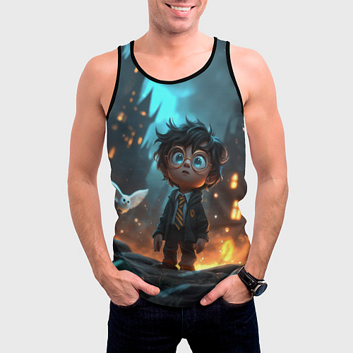 Мужская майка без рукавов Маленький удивленный Гарри Поттер / 3D-Черный – фото 3