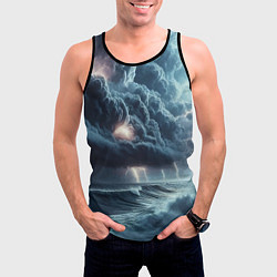 Майка-безрукавка мужская Шторм на море - сверкание молний, цвет: 3D-черный — фото 2