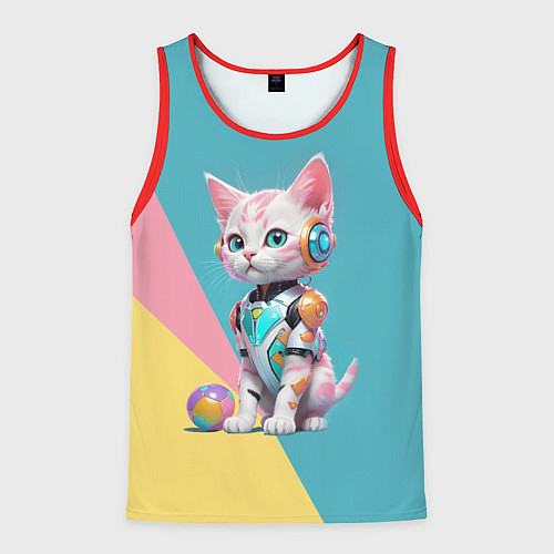 Мужская майка без рукавов Кибер котёнок с мячиком - милашка / 3D-Красный – фото 1
