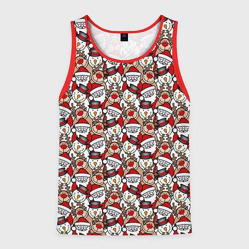 Мужская майка без рукавов Деды Морозы олени снеговики / 3D-Красный – фото 1