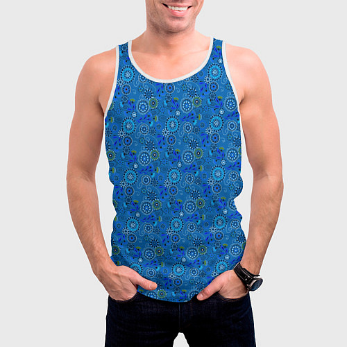 Мужская майка без рукавов Этнический синий деревенский абстрактный узор / 3D-Белый – фото 3