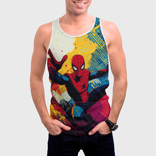 Мужская майка без рукавов Человек паук висит на паутине / 3D-Белый – фото 3