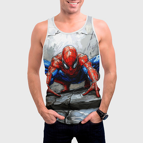 Мужская майка без рукавов Человек-паук палзет на стене / 3D-Белый – фото 3