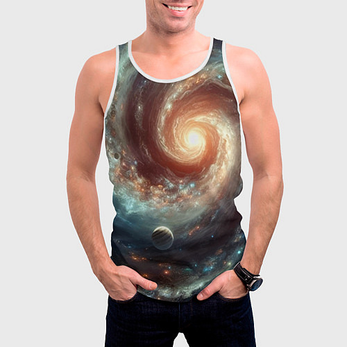 Мужская майка без рукавов Далёкая неоновая галактика - нейросеть / 3D-Белый – фото 3