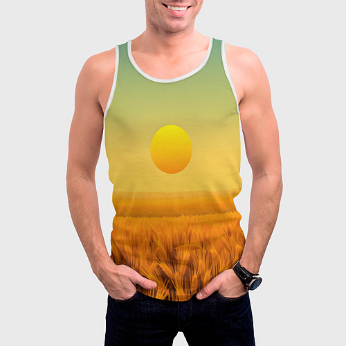 Мужская майка без рукавов Закат над пшеничным полем / 3D-Белый – фото 3