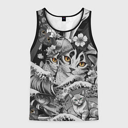 Майка-безрукавка мужская С котами и рыбой на фоне сакуры в волнах, цвет: 3D-черный