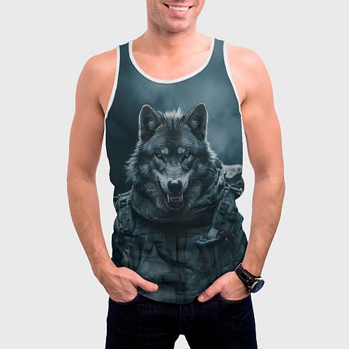 Мужская майка без рукавов Солдат волк / 3D-Белый – фото 3