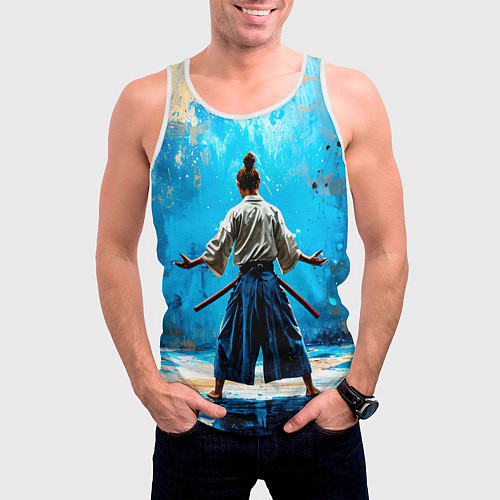Мужская майка без рукавов Боец айкидо на синем / 3D-Белый – фото 3