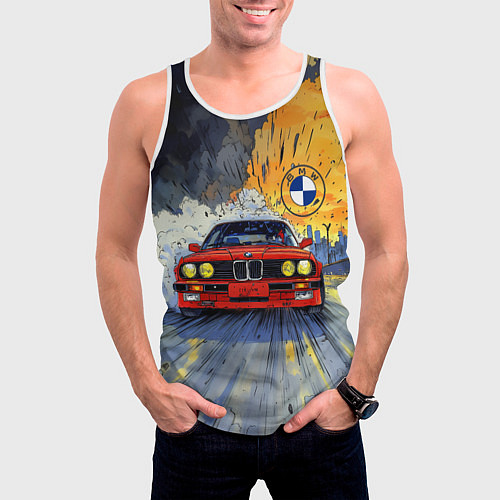 Мужская майка без рукавов Красная BMW на скорости / 3D-Белый – фото 3