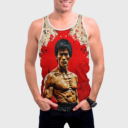 Мужская майка без рукавов Брюс Ли на красном / 3D-Белый – фото 3