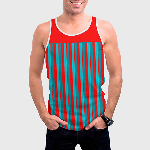 Мужская майка без рукавов Красно синий комбинированный узор с полосами / 3D-Белый – фото 3