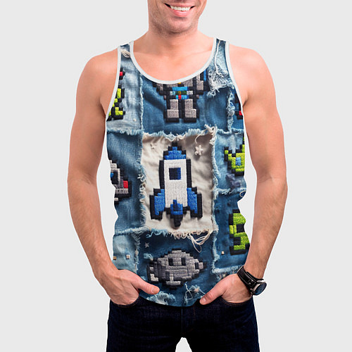 Мужская майка без рукавов Космический пиксельный корабль / 3D-Белый – фото 3