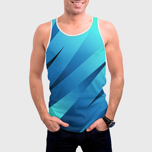 Мужская майка без рукавов Сине-голубой абстрактные полосы / 3D-Белый – фото 3