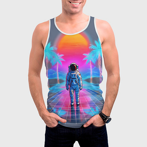 Мужская майка без рукавов Пальмы в космосе - вапорвейв космонавт / 3D-Белый – фото 3