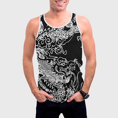 Мужская майка без рукавов Белый дракон на черном / 3D-Белый – фото 3