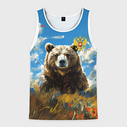 Майка-безрукавка мужская Русский медведь в лесу и герб РФ, цвет: 3D-белый