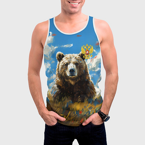 Мужская майка без рукавов Русский медведь в лесу и герб РФ / 3D-Белый – фото 3