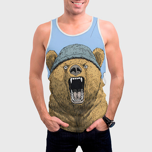 Мужская майка без рукавов Злой орущий медведь / 3D-Белый – фото 3