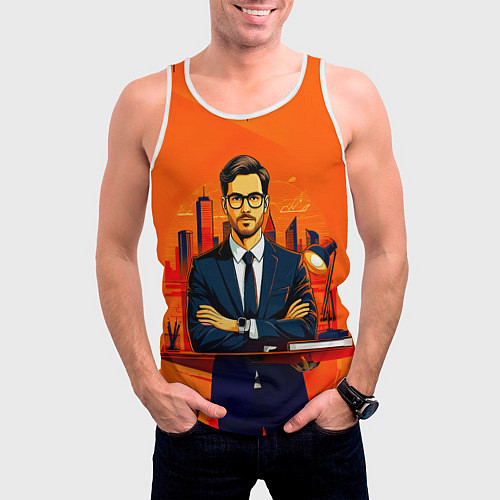 Мужская майка без рукавов Аналитик на оранжевом / 3D-Белый – фото 3