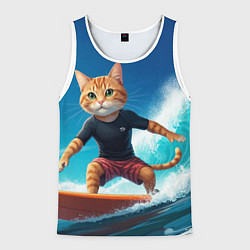 Майка-безрукавка мужская Кот серфер на волне, цвет: 3D-белый