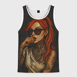 Майка-безрукавка мужская Рыжая девушка в очках с тату, цвет: 3D-белый