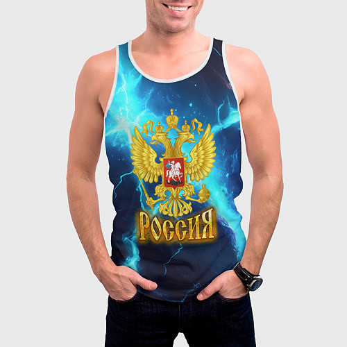 Мужская майка без рукавов Россия герб на синих молниях / 3D-Белый – фото 3