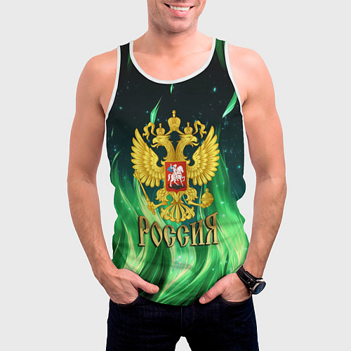 Мужская майка без рукавов Россия на фоне зеленого огня / 3D-Белый – фото 3