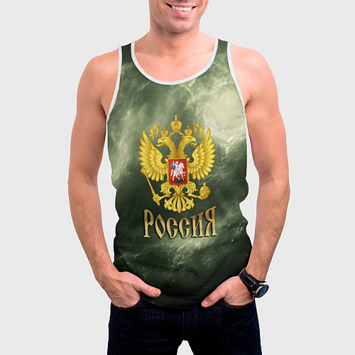 Мужская майка без рукавов Россия - герб на зеленом фоне / 3D-Белый – фото 3