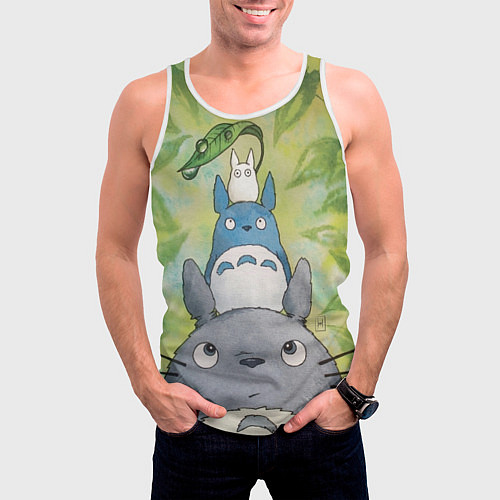 Мужская майка без рукавов Тоторо в лесу акварель / 3D-Белый – фото 3