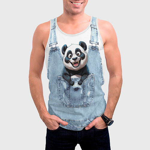Мужская майка без рукавов Панда в кармашке комбинезона / 3D-Белый – фото 3
