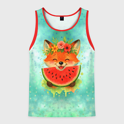 Мужская майка без рукавов Веселая лисичка ест арбуз / 3D-Красный – фото 1