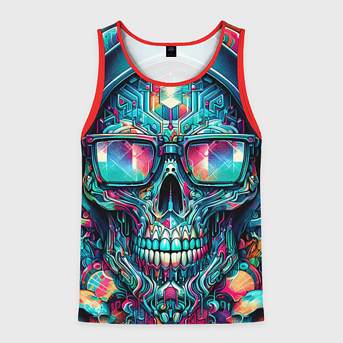 Мужская майка без рукавов Кибер череп в балахоне и очках - нейроарт фантазия / 3D-Красный – фото 1