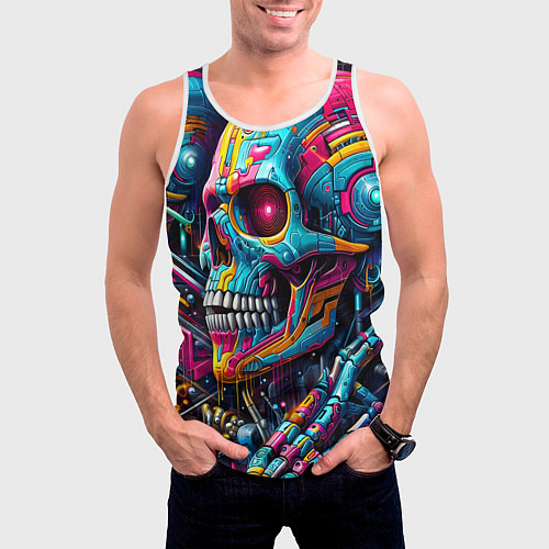 Мужская майка без рукавов Cyber skull - pattern / 3D-Белый – фото 3