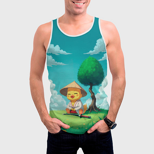 Мужская майка без рукавов Уточка в кимоно под миниатюрным деревом / 3D-Белый – фото 3