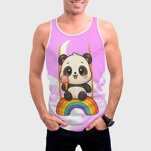 Мужская майка без рукавов Панда с мороженым качается на радуге / 3D-Белый – фото 3
